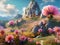Whimsical mountain slopes adorned with oversized flowers, surreal creatures, a landscape of dreamlike, anchanting paradise, nature
