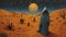 Whimsical And Mysterious Painting Of A Dark Figure In The Desert