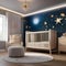 A whimsical nursery with a celestial-themed mural and twinkling star lights5
