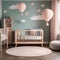 A whimsical nursery with a hot air balloon mobile and dreamy pastel wallpaper2