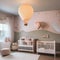 A whimsical nursery with a hot air balloon mobile and dreamy pastel wallpaper4