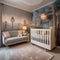 A whimsical nursery with a woodland mural and cuddly stuffed animal toys3