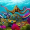 A whimsical octopus with peacock-like patterns, gracefully swimming through a vibrant underwater wonderland2, Generative AI