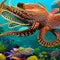 A whimsical octopus with peacock-like patterns, gracefully swimming through a vibrant underwater wonderland4, Generative AI