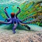 A whimsical octopus with peacock-like patterns, gracefully swimming through a vibrant underwater wonderland5, Generative AI