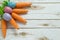 Whimsical Orange Carrots and Easter Eggs on a whitewashed rustic