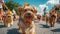 A whimsical outdoor pet parade with dogs wearing creative costumes, owners proudly walking alongside them, and
