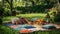 A whimsical outdoor picnic setup in a lush garden, centered around a brightly colored patchwork blanket spread on the