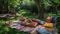 A whimsical outdoor picnic setup in a lush garden, centered around a brightly colored patchwork blanket spread on the