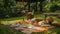 A whimsical outdoor picnic setup in a lush garden, centered around a brightly colored patchwork blanket spread on the