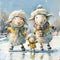 A whimsical painting featuring three sheep happily ice skating in the snow