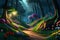 Whimsical Panoramic View of a Mystical Fairy Forest with Luminous Lights Under a Starry Sky with Generative AI