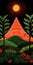 Whimsical Papua New Guinea Art: Mountain And Trees With Orange Sun