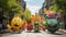 A whimsical parade of balloons in the form of smiling fruits,