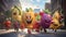 A whimsical parade of balloons in the form of smiling fruits,