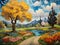 A whimsical park in beautiful spring scenery, with tree, mountain view, pond, painting art, Van Gogh style