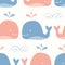 Whimsical Pastel-Colored Hand-Drawn with Crayons, Red and Blue Whales in Sea Vector Seamless Pattern for Kids and Babies