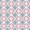 Whimsical pastel floral pattern with pink and white flowers and art deco motifs on gray background, great