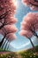 A whimsical peach blossoms forest, falling flower petals into air, romantic ambience, blue sky, mountains, nature view