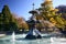 Whimsical Peacock Fountain with colorful trees in autumn in Christchurch Botanic Gardens, New Zealand