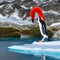 A whimsical penguin with flamingo legs, waddling gracefully on a fantastical icy landscape4, Generative AI