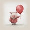 Whimsical Pig With Red Balloon: Soft Atmospheric Perspective Illustration