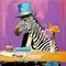 Whimsical Pop Art Painting Of A Cute Zebra Sitting In Qatar With Top Hat