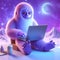 Whimsical purple creature with laptop