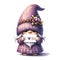 Whimsical purple Gnome Valentines wear purple long woolen hat. with sign I LOVE You, watercolour clipart