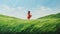 Whimsical Realism: A Dreamlike Painting Of A Woman Running Through A Green Field