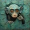 Whimsical Realism Powerful And Emotive Portraiture Of A Blue Monkey Peeking From A Wall Crack