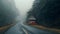 Whimsical Red House On Empty Road In Foggy Weather