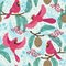Whimsical repeating pattern. Christmas and winter theme. Red Cardinal birds, pinecones, berries and branches.