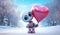 Whimsical robot with Valentine balloon, snowy scene. Valentine's Day