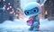 Whimsical robot with Valentine balloon, snowy scene. Valentine's Day