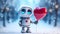 Whimsical robot with Valentine balloon, snowy scene. Valentine's Day