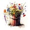 Whimsical Rustic Scene: Watercolor Illustration of Daisy Flowers in a Rusty Bucket
