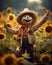 A whimsical scarecrow in a sunflower-filled field, with a big smile and outstretched arms, exuding a sense of warmth and autumn