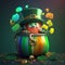 whimsical scene depicting a leprechaun with a pot of gold surrounded by shamrocks, clovers and a rainbow. AI generated