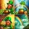 whimsical scene depicting a leprechaun with a pot of gold surrounded by shamrocks, clovers and a rainbow. AI generated