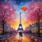 Whimsical Scene in Paris with Oversized Rainbow-Colored Eiffel Tower