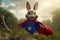 Whimsical scene of a rabbit donning a superhero