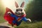 Whimsical scene of a rabbit donning a superhero