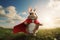 Whimsical scene of a rabbit donning a superhero