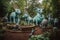 a whimsical sculpture garden featuring fantastical creatures and otherworldly figures