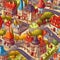Whimsical seamless pattern with cartoon city buildings. Design for textile fabric. Generative AI