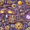 Whimsical seamless pattern with cogwheels in purple tones. Intricate texture design for gift wrap. Generative AI