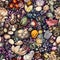 Whimsical seamless pattern with colorful amusing pebbles and wild flowers. Bright texture design for gift wrap. Generative AI