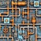 Whimsical seamless pattern with industrial metal pipes and valves. Repetitive steampunk background. Generative AI