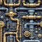 Whimsical seamless pattern with a lot of industrial pipes and valves. Repetitive steampunk background. Generative AI